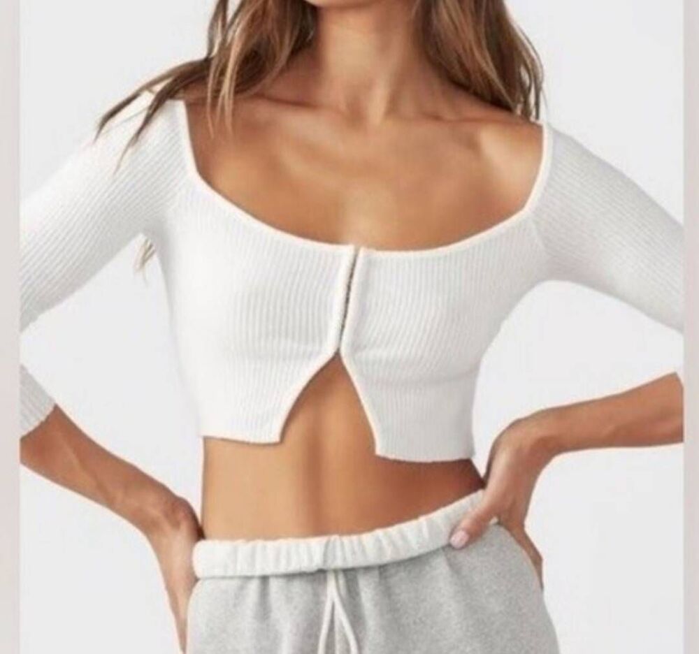 Joah Brown The Hook & Eye Cardigan in a white ribbed knit Sz OS